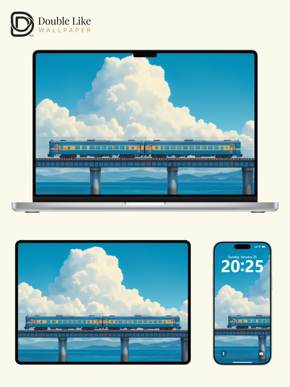 Blue Sea Coastal Train Summer Clouds Anime Aesthetic Wallpaper Pack [#WGF021]