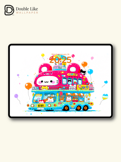 Cute Kawaii Animals Pink Bus Party Summer Aesthetic Wallpaper Pack [#HW1506]