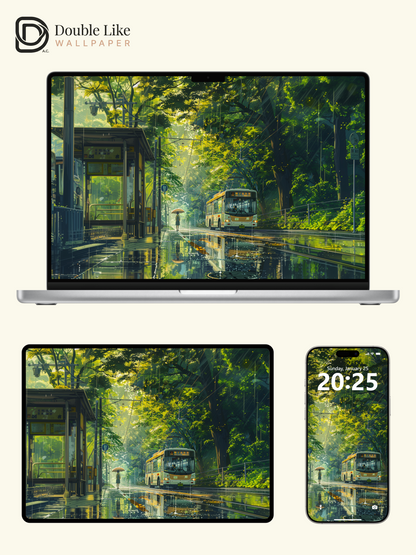 Rainy Summer Street Bus Stop Anime Healing Aesthetic Wallpaper Pack [#WGF027]