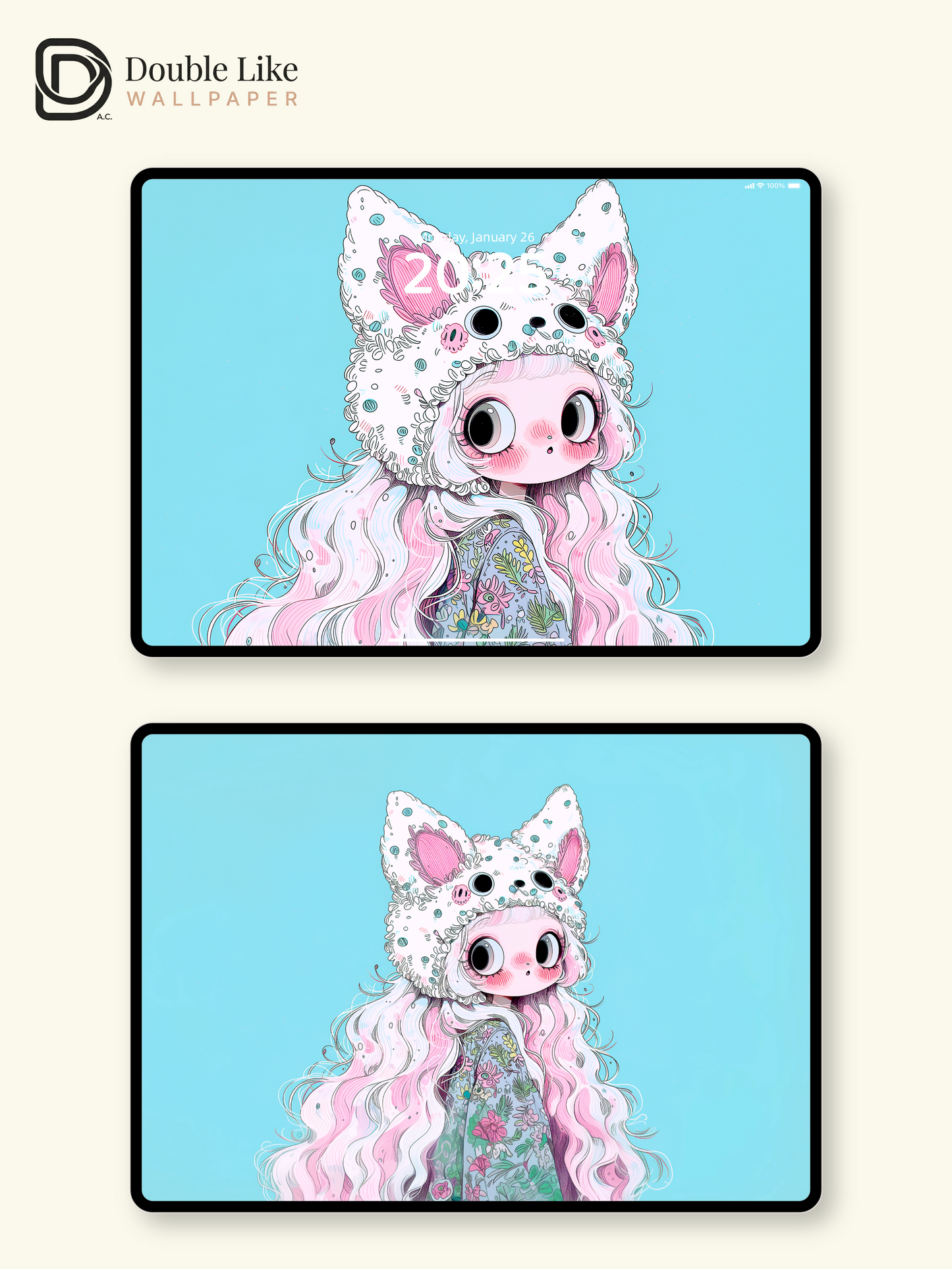 Kawaii Anime Girl Fluffy Animal Hat Pastel Wallpaper [#HW1482]