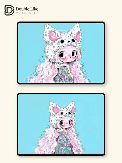Kawaii Anime Girl Fluffy Animal Hat Pastel Wallpaper [#HW1482]