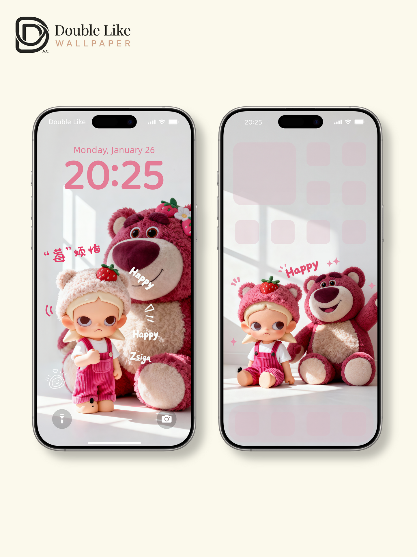 Strawberry Bear Happy Mood Wallpaper – Cute Lotso IP Figure Lock Screen Set [#JJ240]