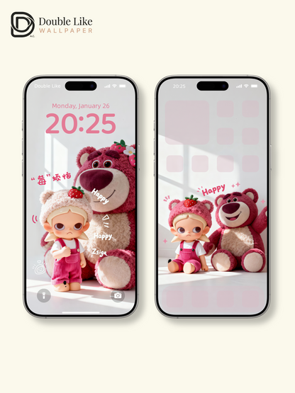 Strawberry Bear Happy Mood Wallpaper – Cute Lotso IP Figure Lock Screen Set [#JJ240]
