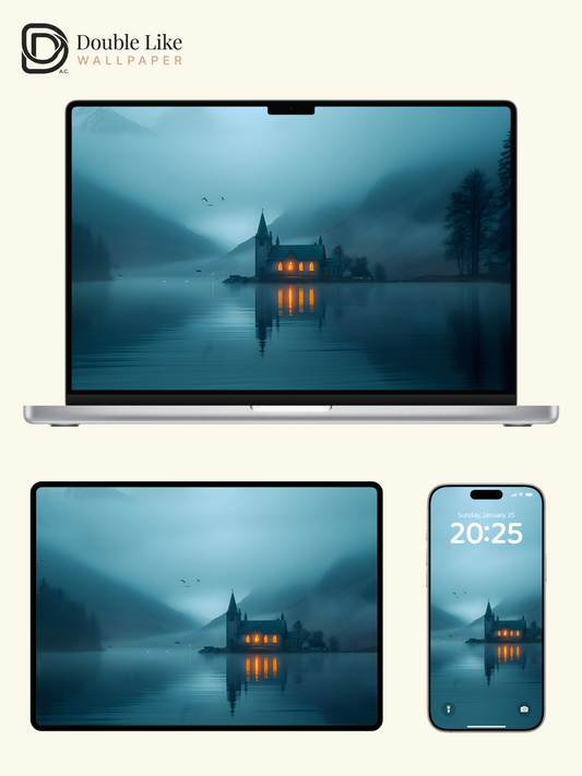 Misty Lake Church Dreamy Blue Landscape Wallpaper [#ZJYX0152]
