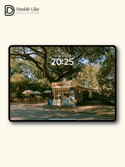 Sunlit Street Kiosk & Tree Shadow Cafe Aesthetic Wallpaper Pack [#JJ1460]