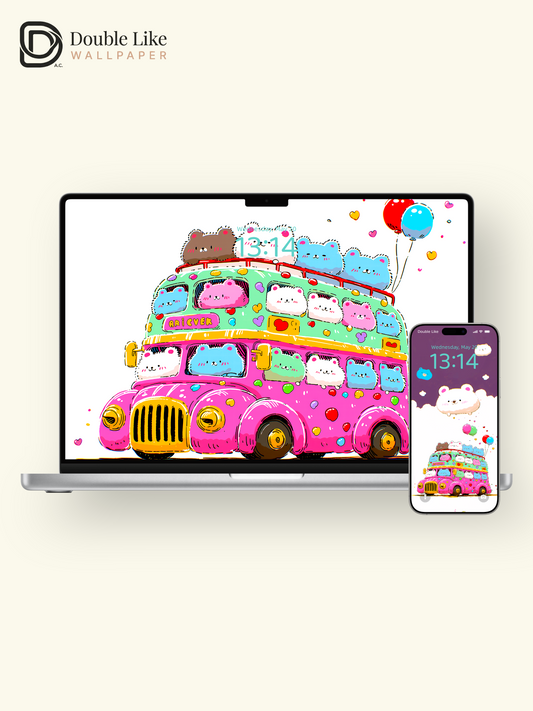 Cute Kawaii Bears Pink Party Bus Joyful Aesthetic Wallpaper Pack [#HW1503]