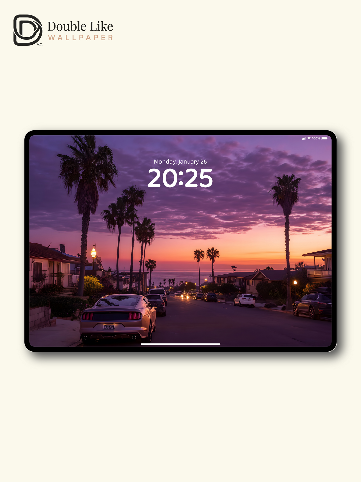 Purple Sunset Coastal Town Palm Trees Landscape Wallpaper Pack [#ZJYX0702]