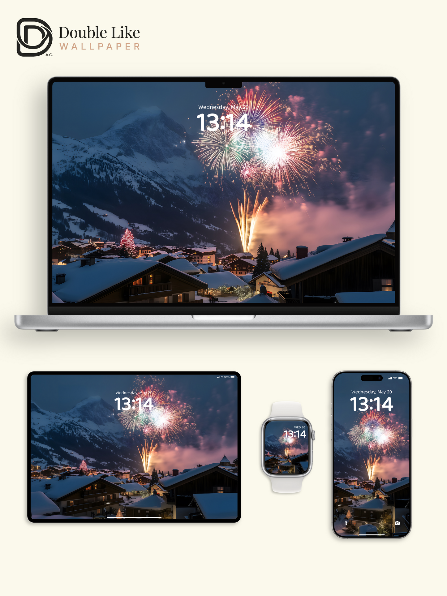 New Year Fireworks Snow Mountain Winter Holiday Wallpaper [#ZJYX0370]