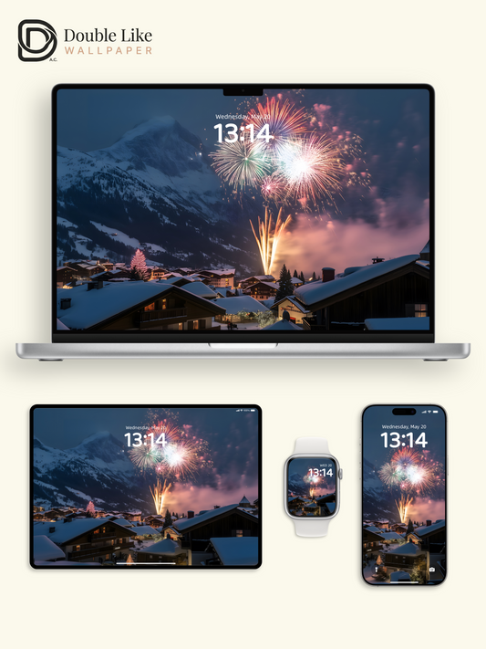 New Year Fireworks Snow Mountain Winter Holiday Wallpaper [#ZJYX0370]