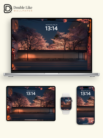 Night Cherry Blossoms Traditional Street Digital Art Wallpaper Pack [#ZJYX0675]