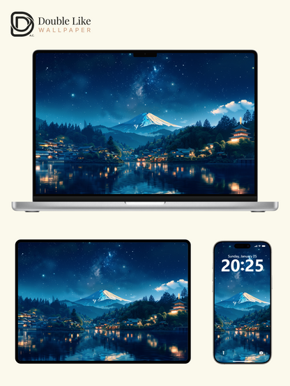 Starry Night Mount Fuji Japanese Lake Village Anime Aesthetic Wallpaper Pack [#WGF099]