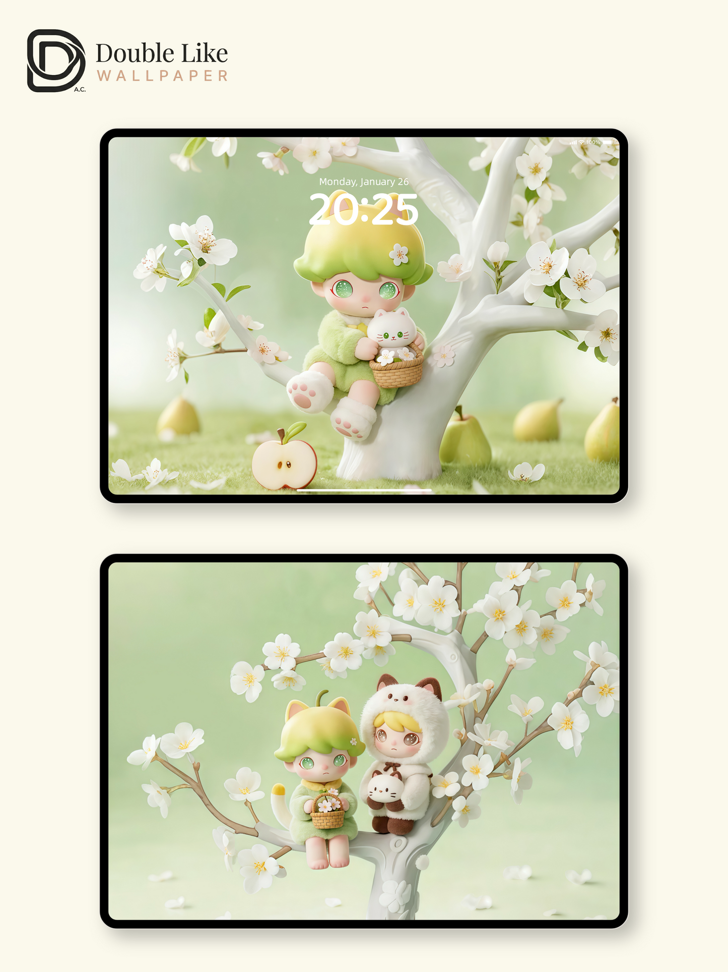 Apple Tree Spring Day 🍏 Cute Healing Green Wallpaper Set Phone & Table [#JJ156]