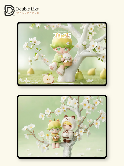 Apple Tree Spring Day 🍏 Cute Healing Green Wallpaper Set Phone & Table [#JJ156]