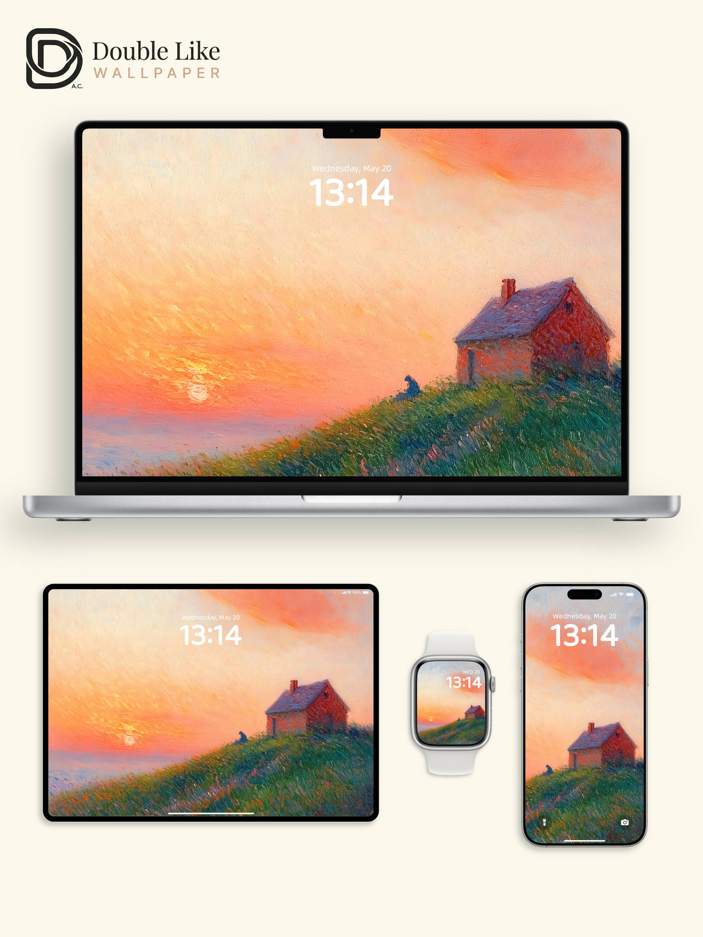 Impressionist Sunset Hill Cabin Aesthetic Oil Painting Wallpaper Pack [#ZMY510]