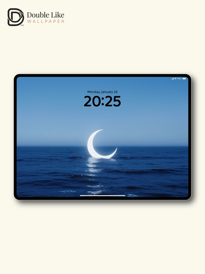 Glowing Crescent Moon On Deep Blue Sea Minimal Dreamy Ocean Wallpaper Pack [#LFHL30504]