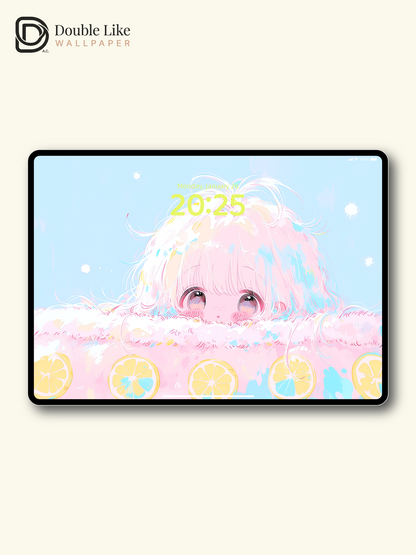 Cute Pastel Lemon Girl Peeking Cream Cake Kawaii Aesthetic Wallpaper Pack [#HW1501]