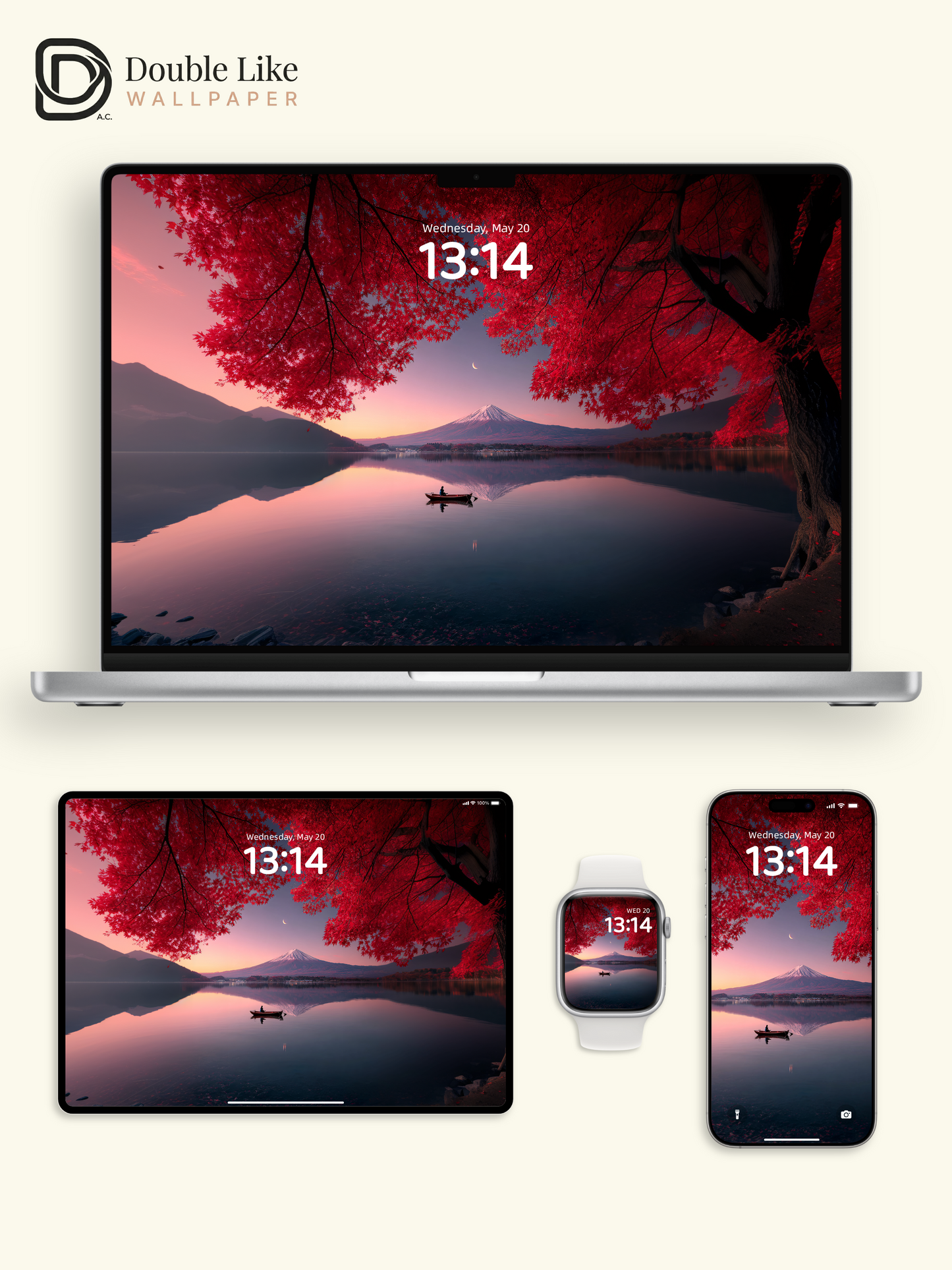 Mount Fuji Autumn Maple Leaf Lake Sunset Dreamy Landscape Aesthetic Wallpaper Pack [#JJ1217]