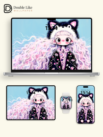 Kawaii Anime Girl Black Cat Beanie Pastel Wallpaper Pack [#HW1481]