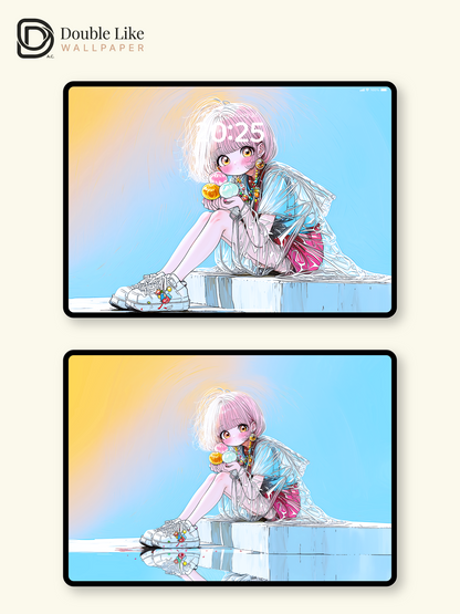 Kawaii Anime Summer Girl Beach Dessert Aesthetic Wallpaper [#HW1483]