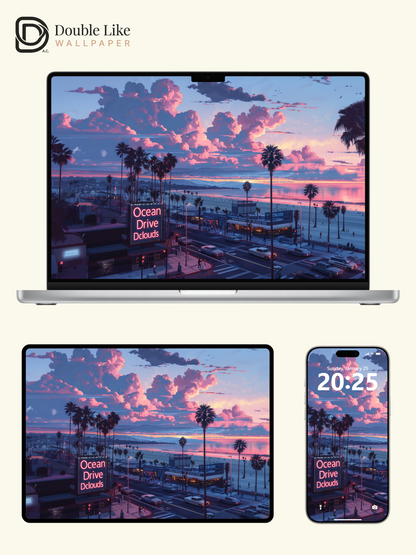 Retro Sunset Ocean Drive Palm Trees Anime Aesthetic Wallpaper Pack [#WGF087]
