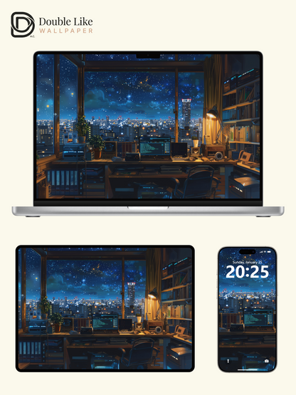 Cozy Starry Night Room Workspace Anime Aesthetic Wallpaper Pack [#WGF088]