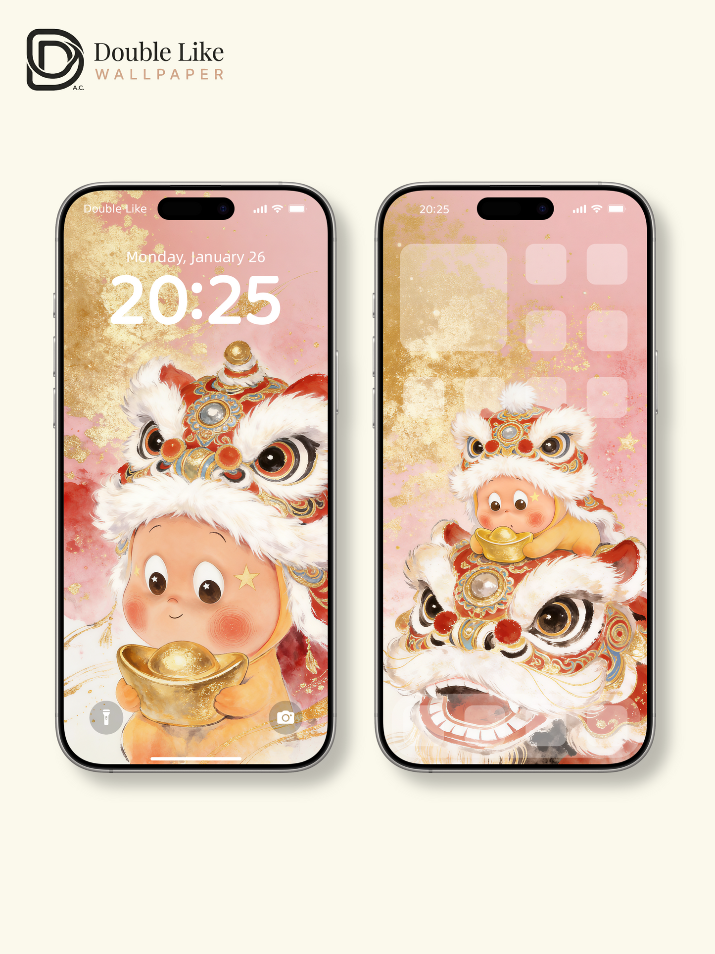 Pink & Gold Lion Dance Lucky Ingot Happy New Year Full Wallpaper Pack [#JJ315]