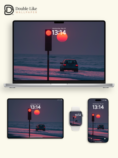 Lonely Red Traffic Light Sunset Beach Digital Art Wallpaper Pack [#ZJY218]