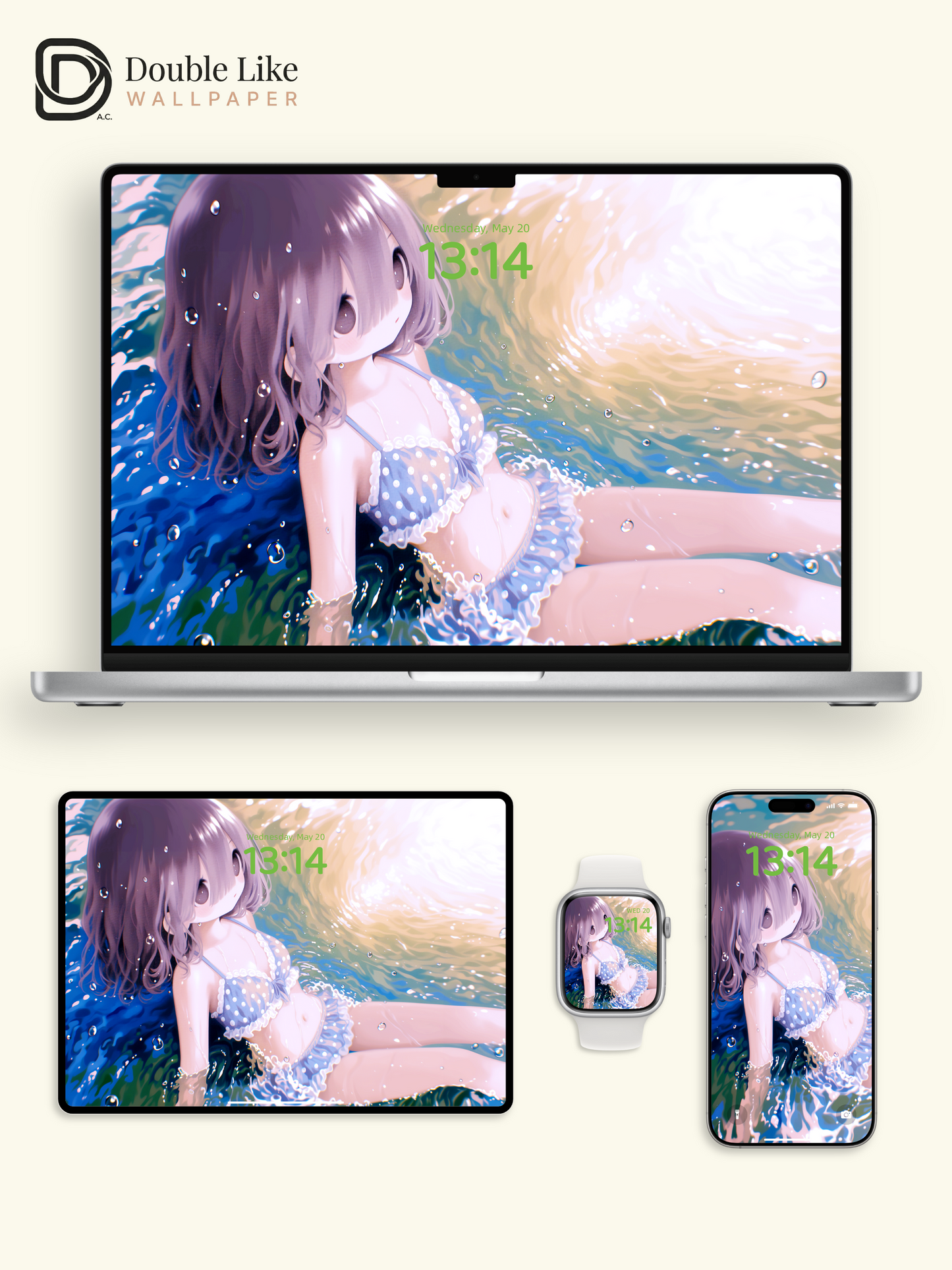 Cute Anime Girl Summer Ocean Water Waves Kawaii Aesthetic Wallpaper [#HW1468]