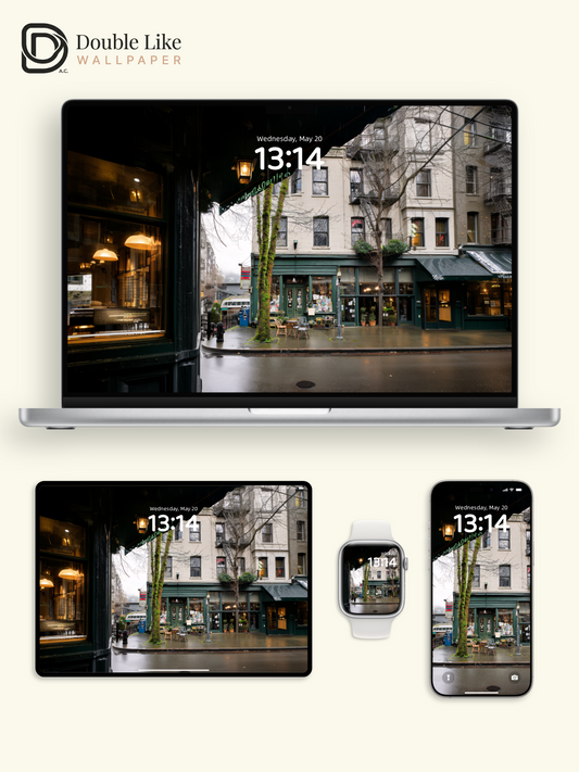 Vintage Rainy City Street Cafe Light Moss Tree Aesthetic Wallpaper Pack [#JJ1360]