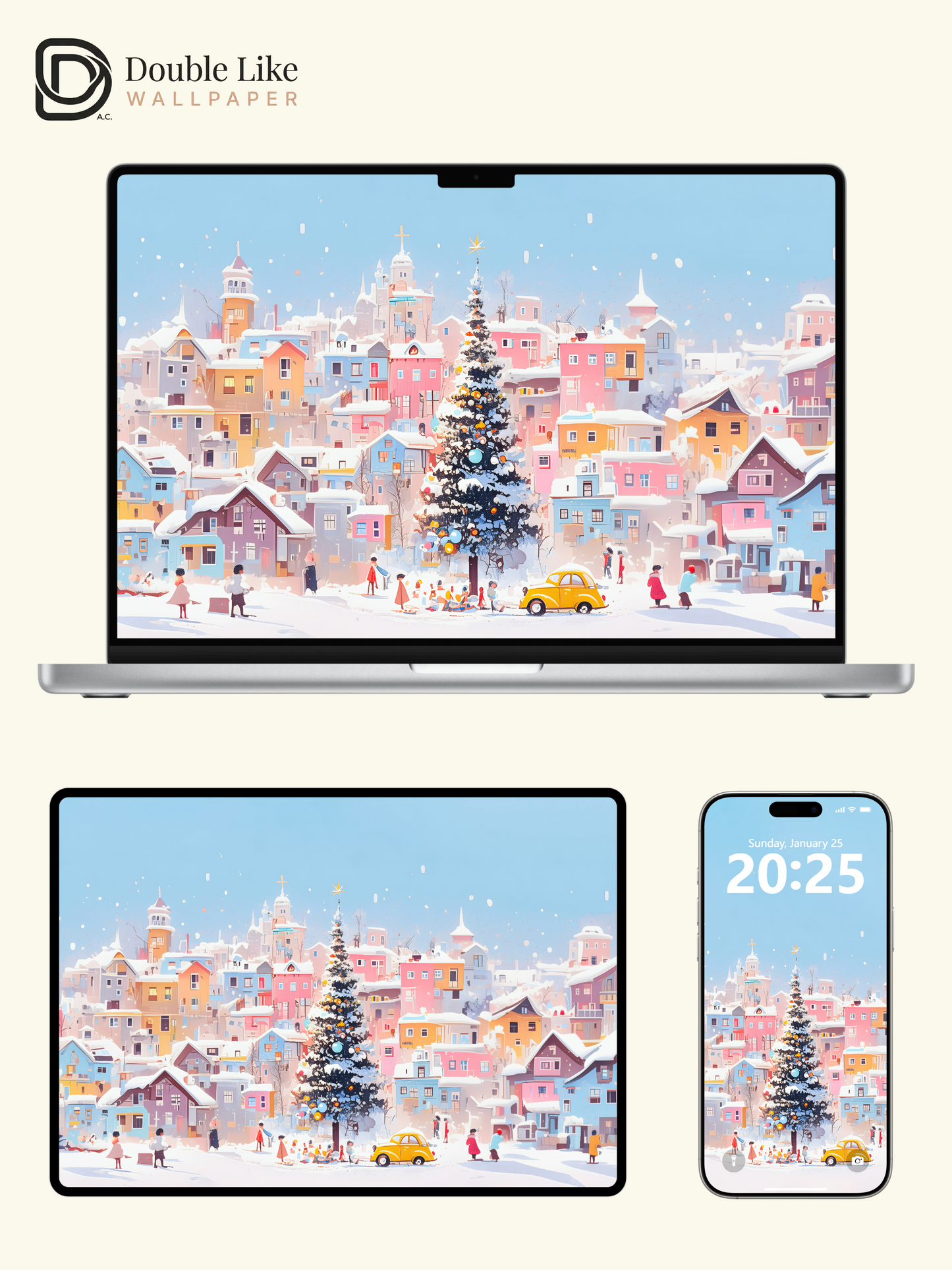 Pastel Winter Christmas Town Illustration Aesthetic Wallpaper Pack [#WGF070]