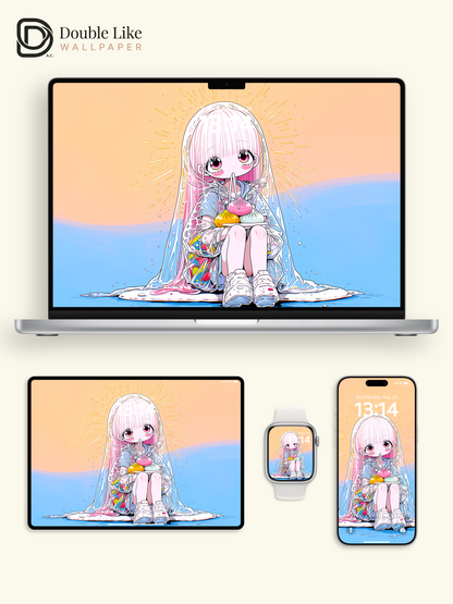 Kawaii Anime Girl Raincoat Dumpling Balloon Wallpaper [#HW1484]