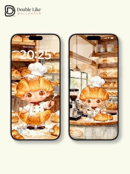 Cozy Croissant Bakery Wallpaper – Cute Croissant Kid IP Lock Screen Set [#JJ333]