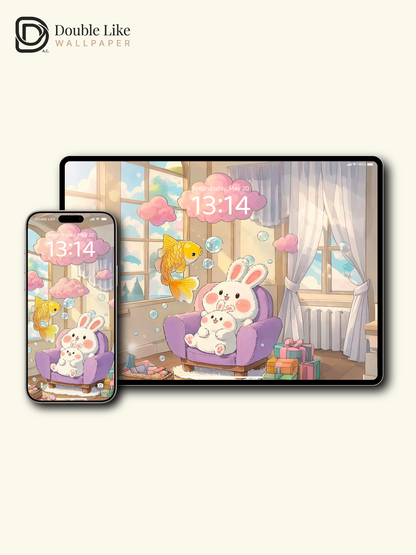 Cute Bunny and Golden Fish Cozy Room Illustration Wallpaper Pack [#JJ10]