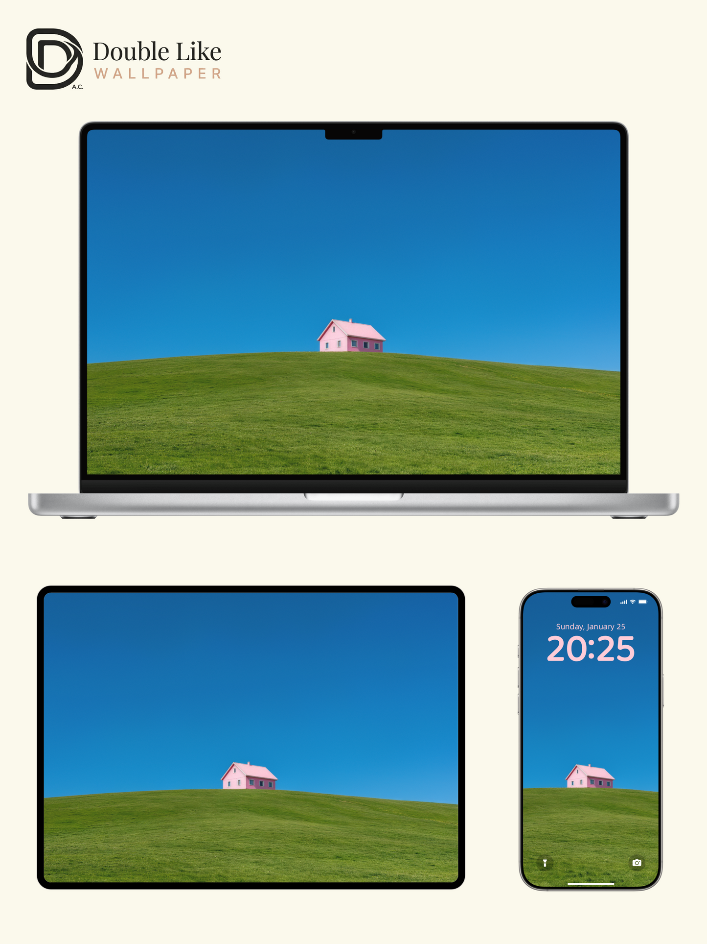 Minimalist Pink House on Green Hill Aesthetic Wallpaper Pack [#LFHL30605]