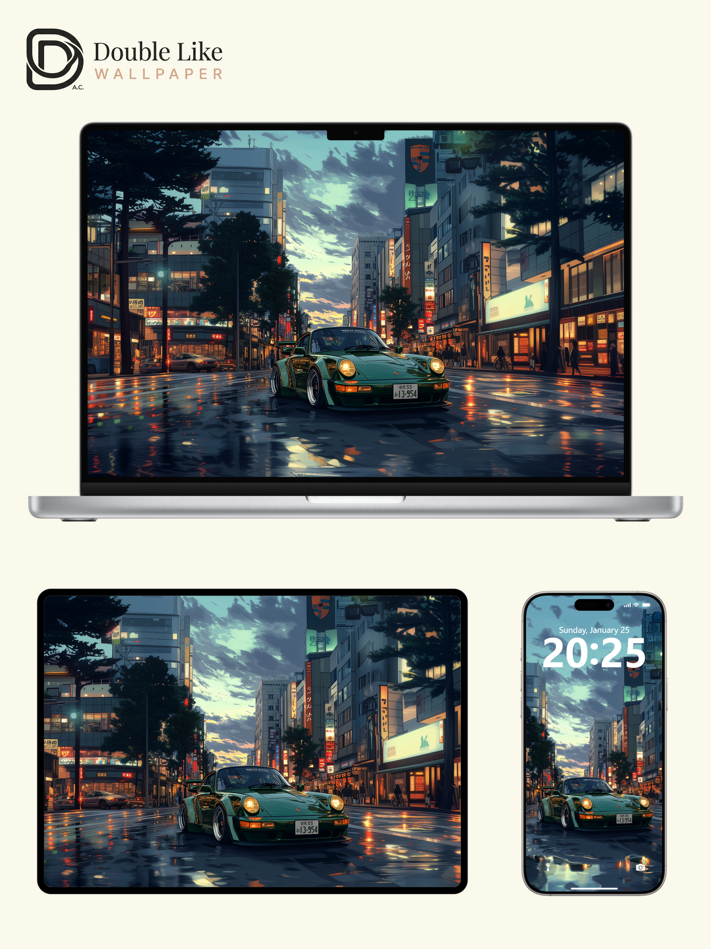Green Classic Porsche Evening City Anime Aesthetic Wallpaper Pack [#WGF113]