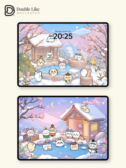 Snowy Onsen & Cherry Blossoms – Cute Animal Winter Healing Wallpaper Set (Lock Screen + Home Screen) [#CKW302]