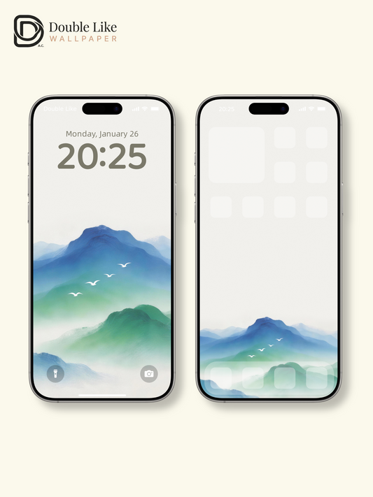 Blue Mist Mountain & Flying Birds Calming Minimal Chinese Landscape Wallpaper Pack [#LFHL30417]