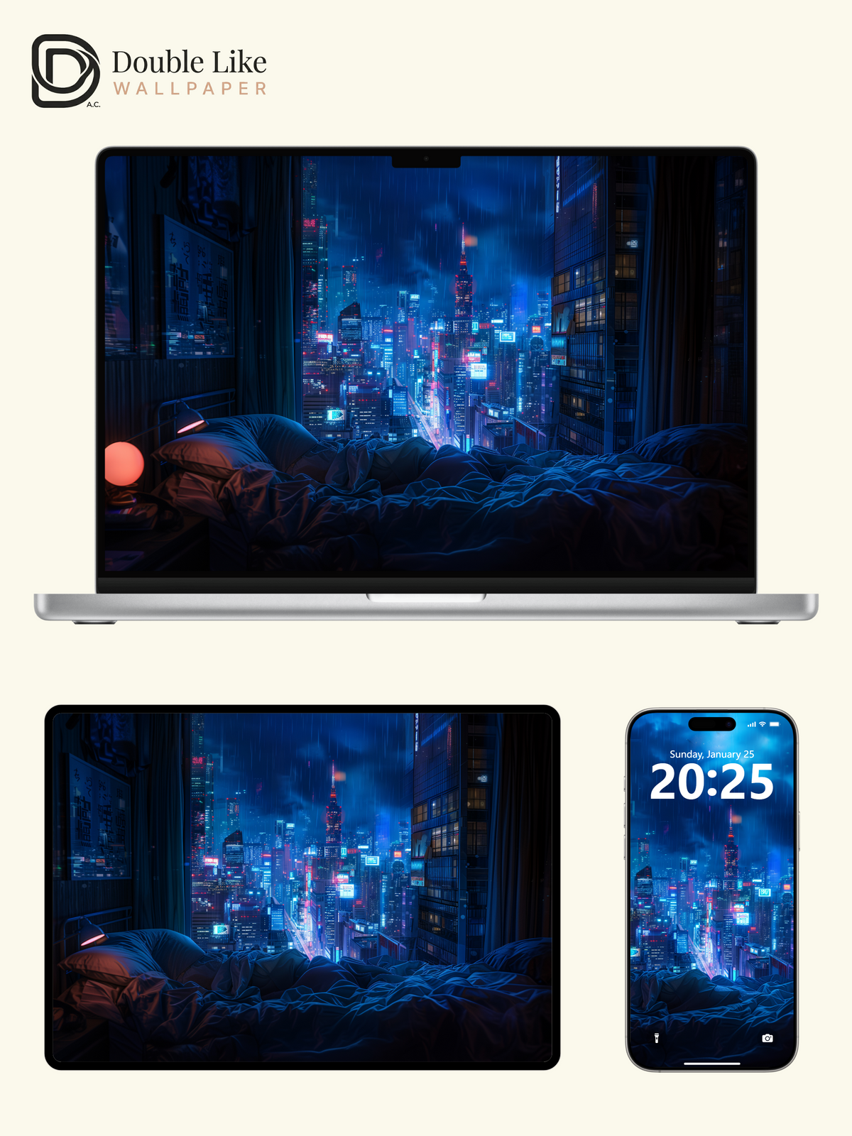 Rainy Cyberpunk City View Bedroom Anime Cozy Aesthetic Wallpaper Pack [#WGF098]