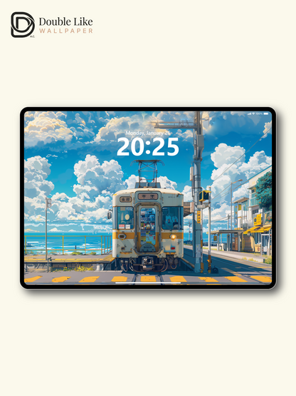 Seaside Train Station Summer Clouds Anime Aesthetic Wallpaper Pack [#WGF035]