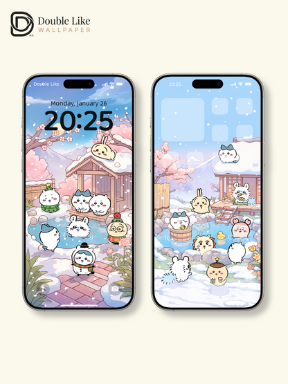 Snowy Onsen & Cherry Blossoms – Cute Animal Winter Healing Wallpaper Set (Lock Screen + Home Screen) [#CKW302]