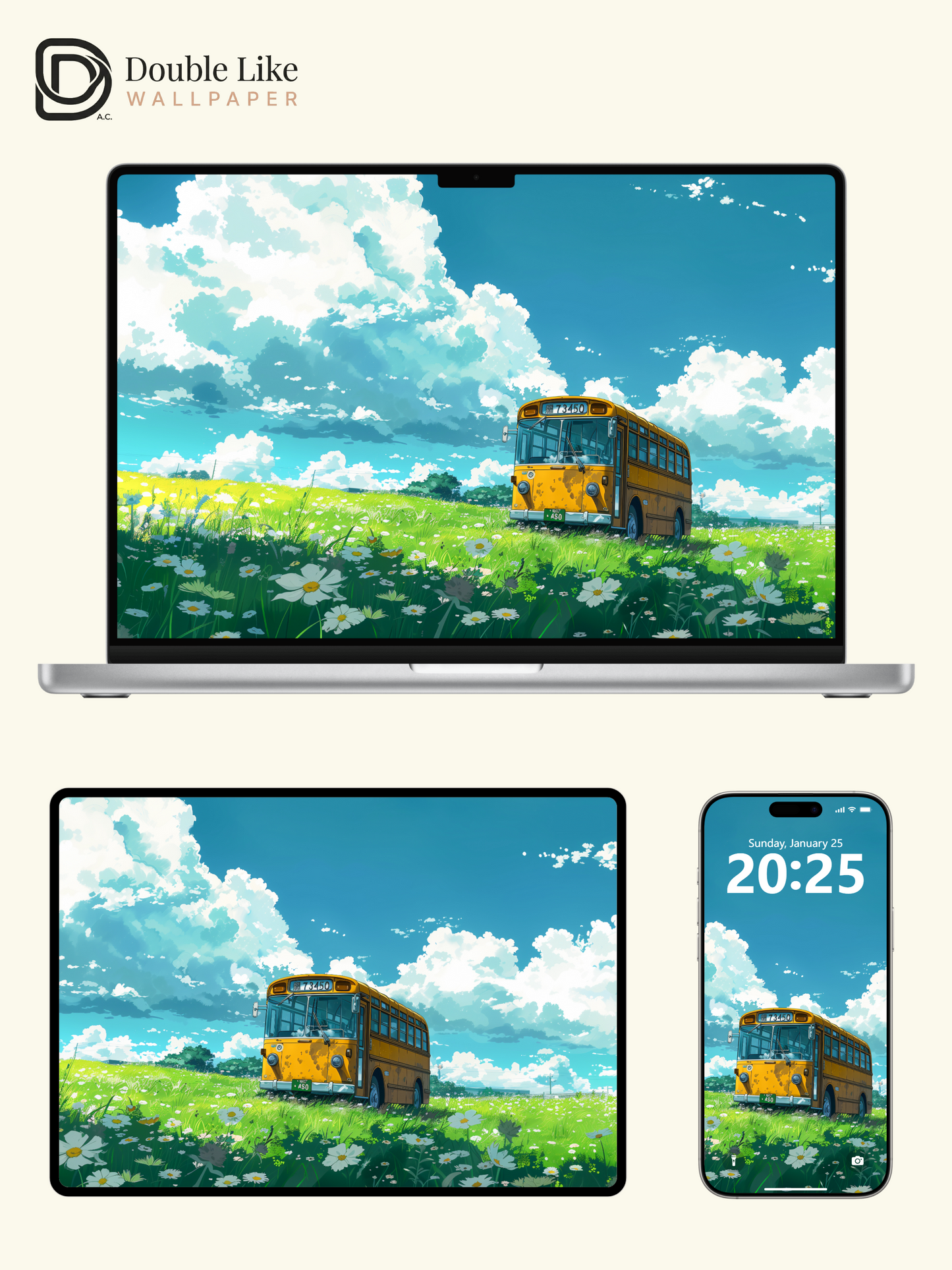 Retro Yellow Bus Daisy Meadow Anime Inspired Healing Wallpaper Pack [#WGF047]