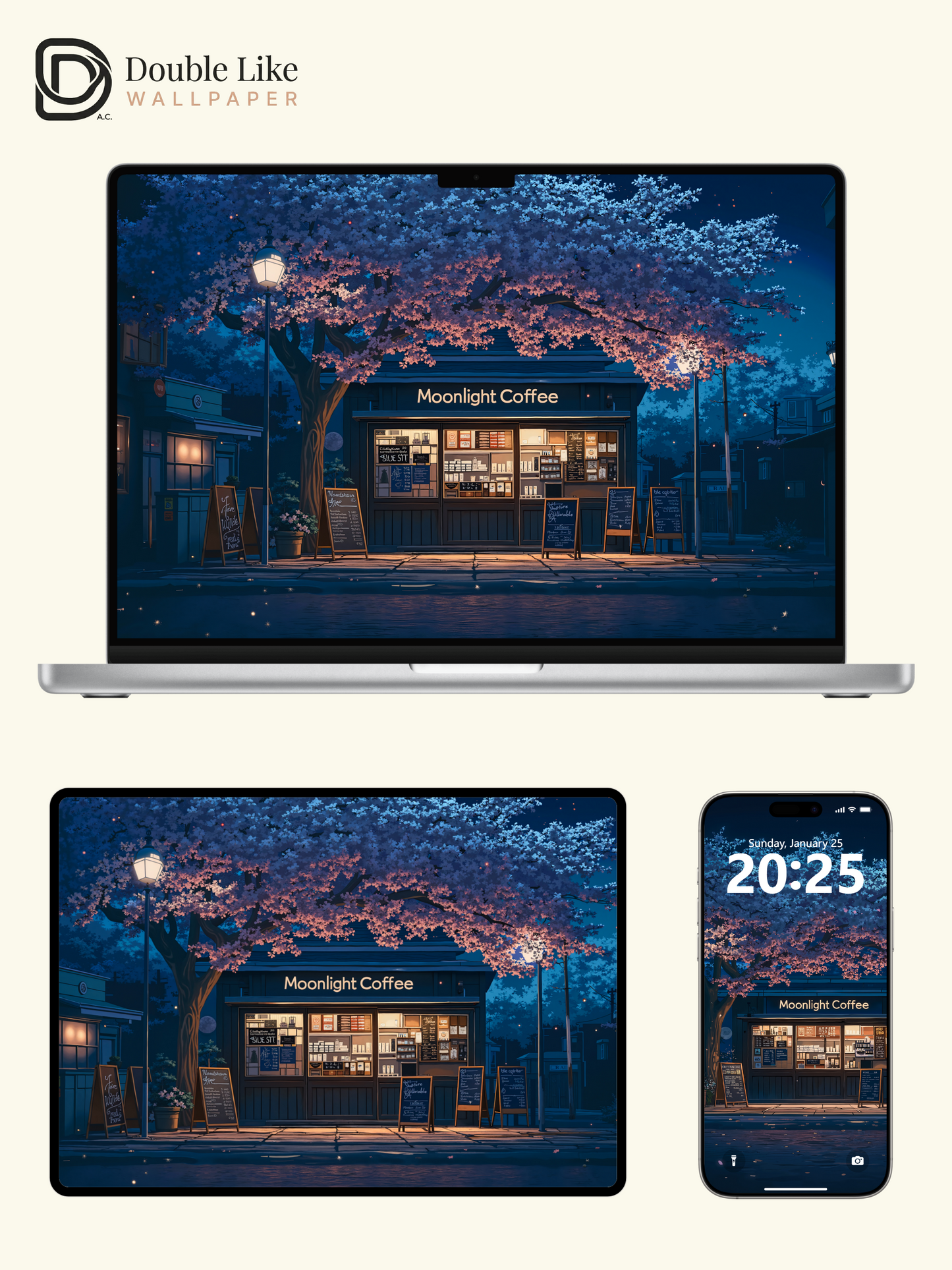Night Cherry Blossom Cafe Moonlight Romantic Anime Aesthetic Wallpaper Pack [#WGF012]