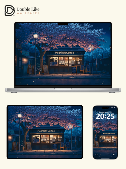 Night Cherry Blossom Cafe Moonlight Romantic Anime Aesthetic Wallpaper Pack [#WGF012]
