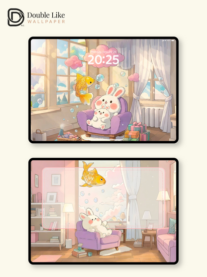 Cute Bunny and Golden Fish Cozy Room Illustration Wallpaper Pack [#JJ10]