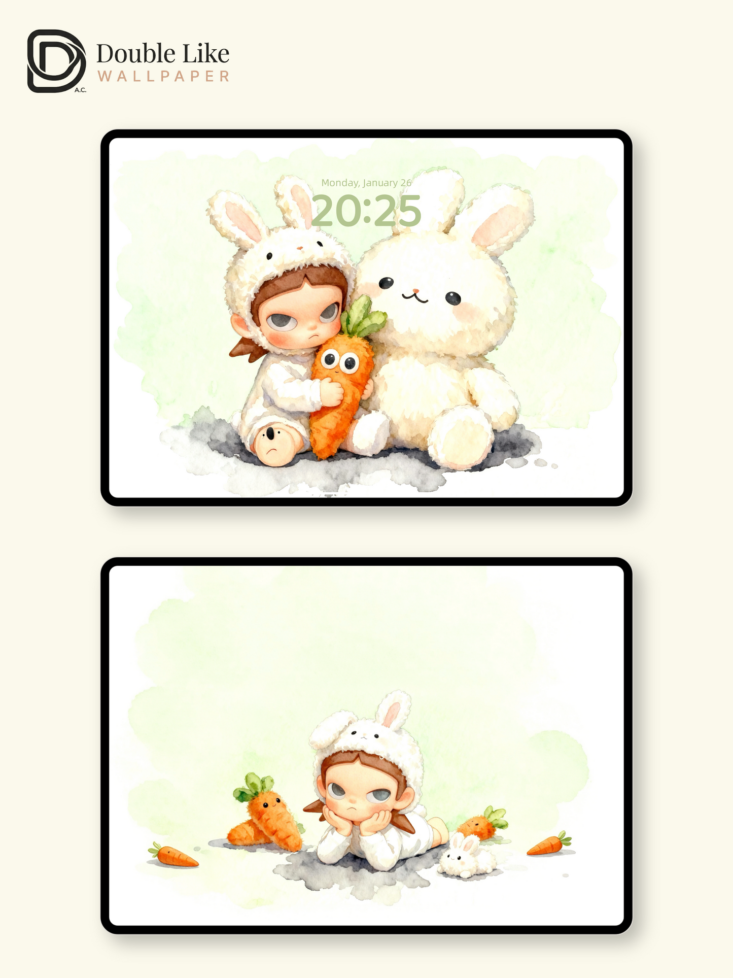 Cozy Bunny Hug Wallpaper – Cute Big-Eyes Kid Watercolor Lock Screen Set [#JJ230]