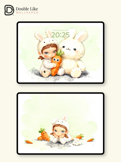 Cozy Bunny Hug Wallpaper – Cute Big-Eyes Kid Watercolor Lock Screen Set [#JJ230]