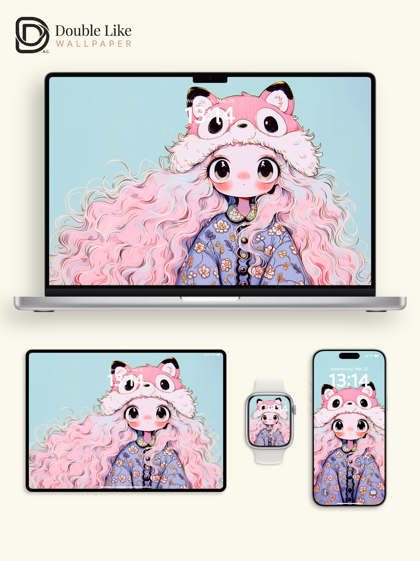 Kawaii Anime Girl Pink Fox Hat Floral Wallpaper [#HW1479]