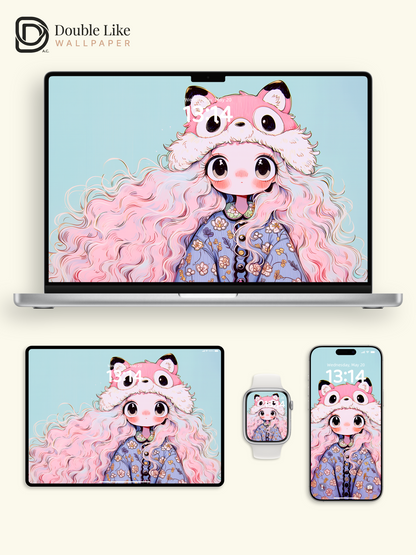 Kawaii Anime Girl Pink Fox Hat Floral Wallpaper [#HW1479]