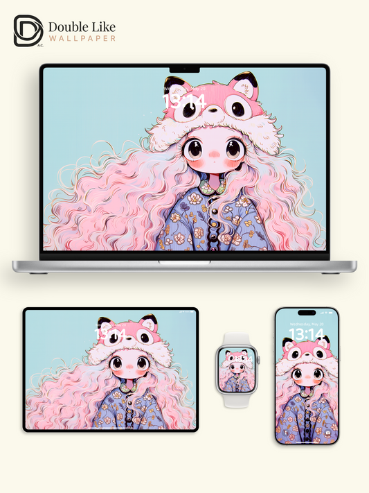Kawaii Anime Girl Pink Fox Hat Floral Wallpaper [#HW1479]