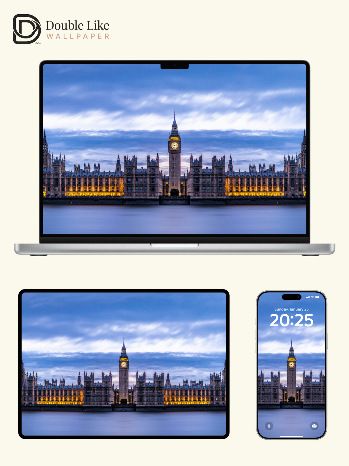 London Big Ben & Westminster Palace Symmetrical Blue Hour Wallpaper Pack [#JJ230805]